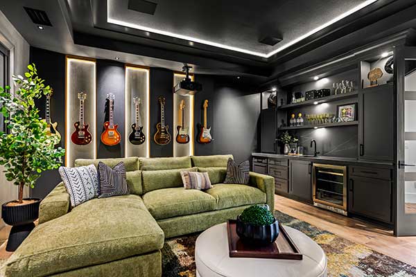 Luxury music room with wet bar by Kingston Homes