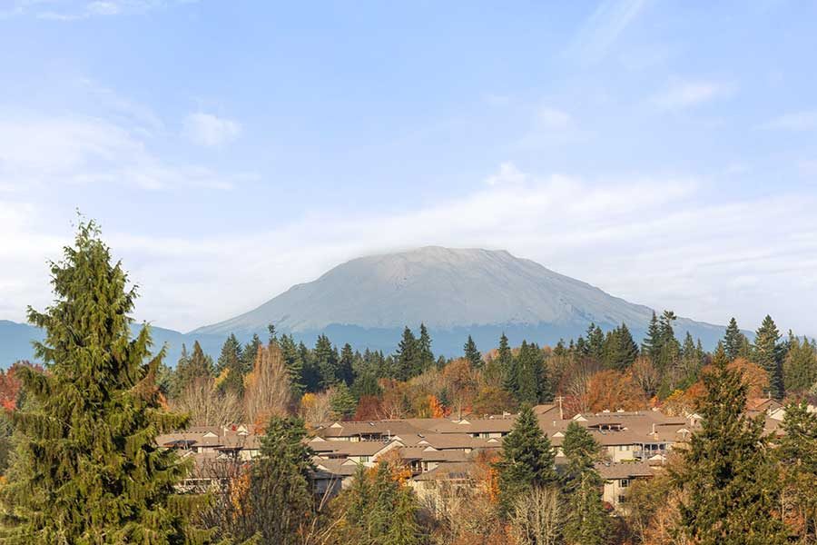 View of Mount St. Helens from a modern custom home by Kingston Homes